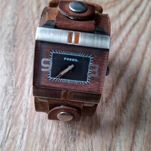 Fossil Brown Genuine Leather Cuff Watch with Wood-Tone Dial